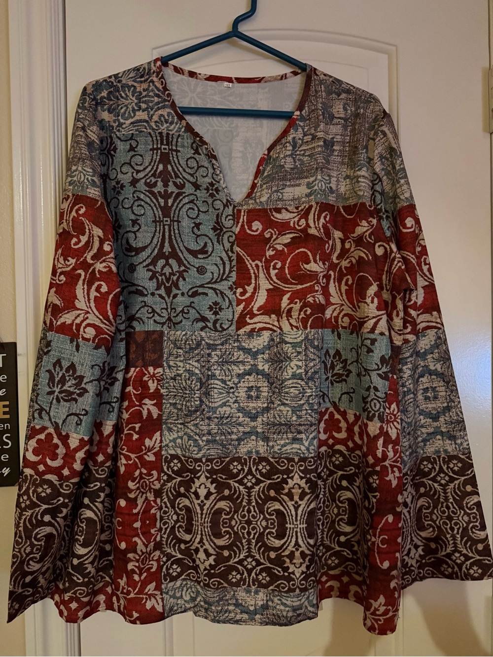 Patchwork-Print V-Notch Tunic Top in Red, Blue & Brown